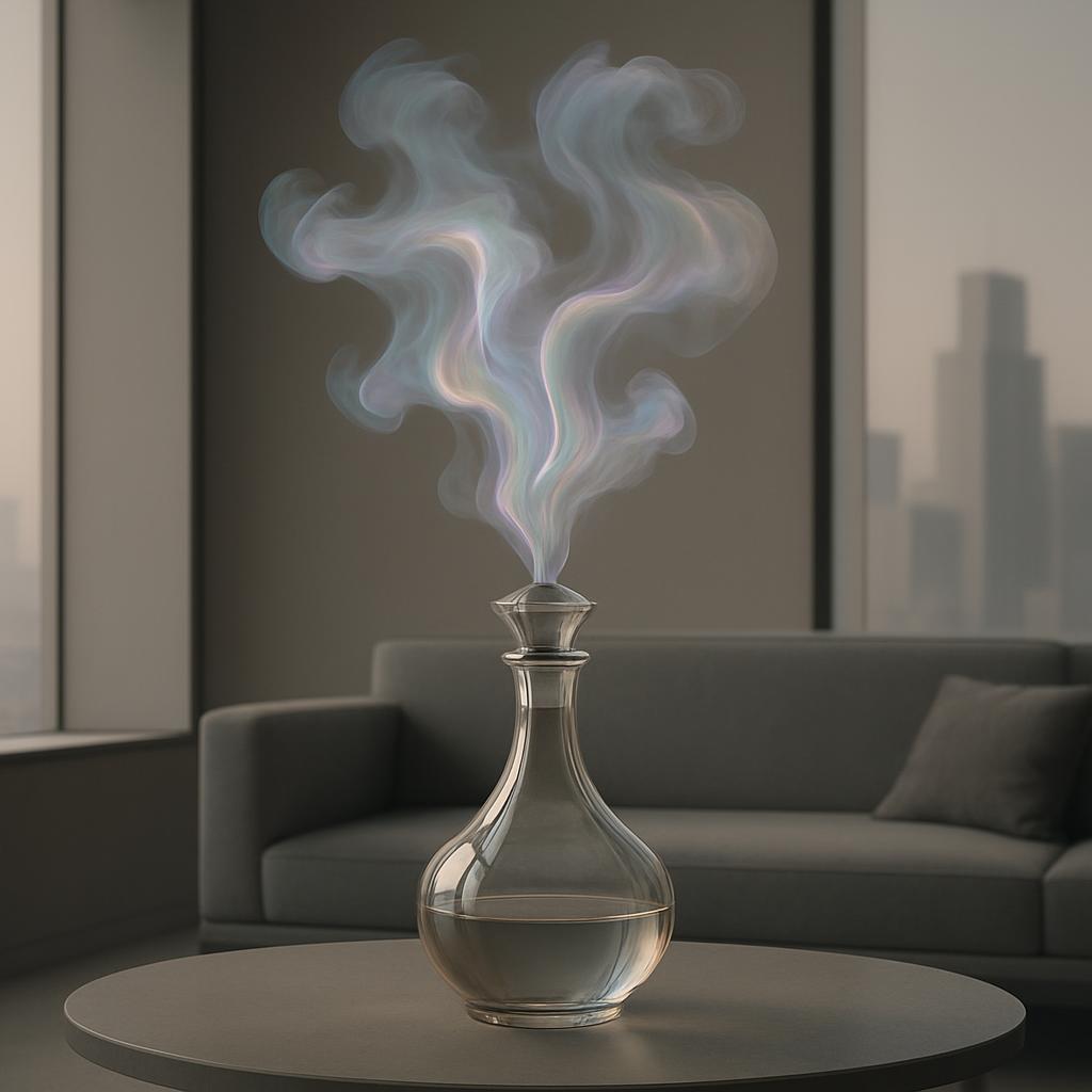 The image depicts a glass bottle with a wide base and slender neck emitting smoke from its top, sitting on a table in a di...