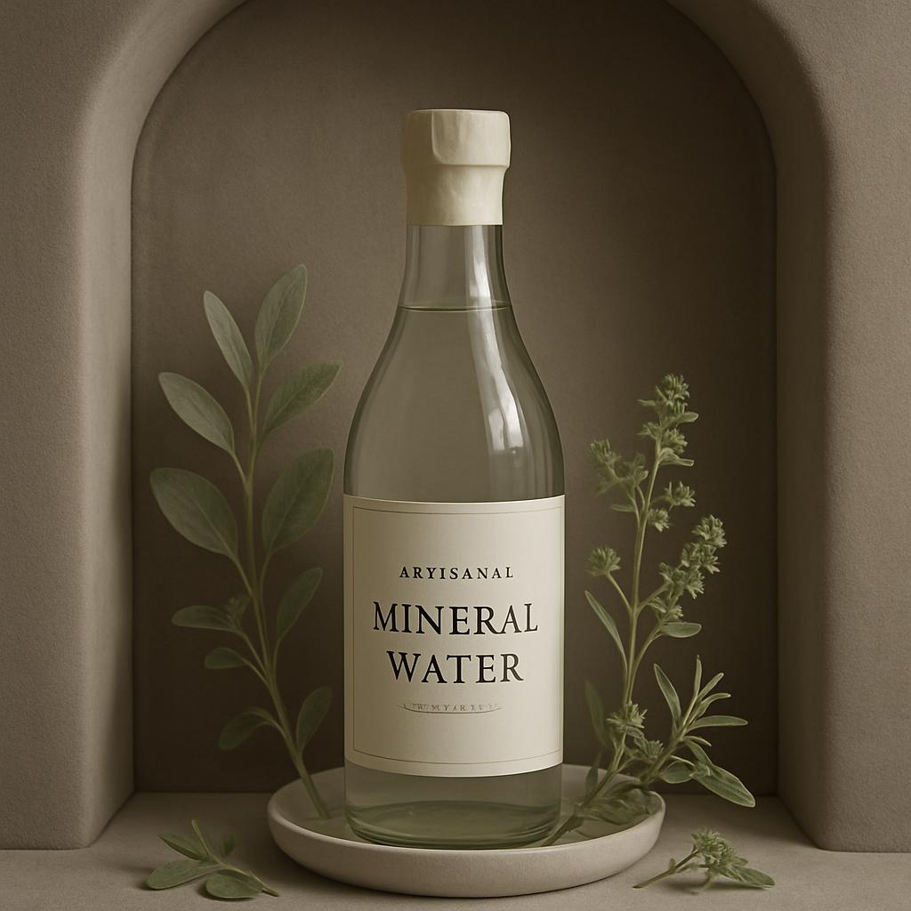 An image of a clear bottle of mineral water with a beige label and a beige cap. The bottle is placed on a plate. Inside a ...